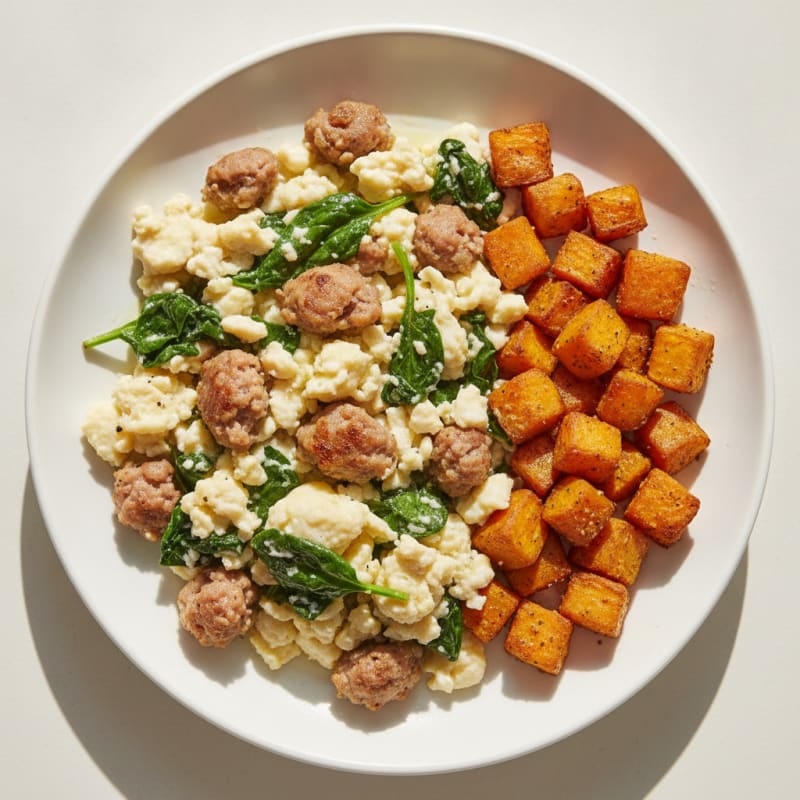Egg White and Turkey Sausage Scramble with Spinach and Roasted Sweet Potato