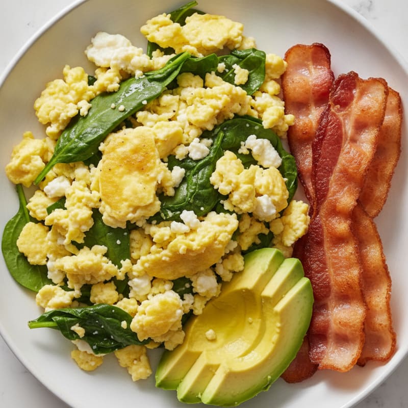 Cottage Cheese Egg Scramble with Spinach and Turkey Bacon
