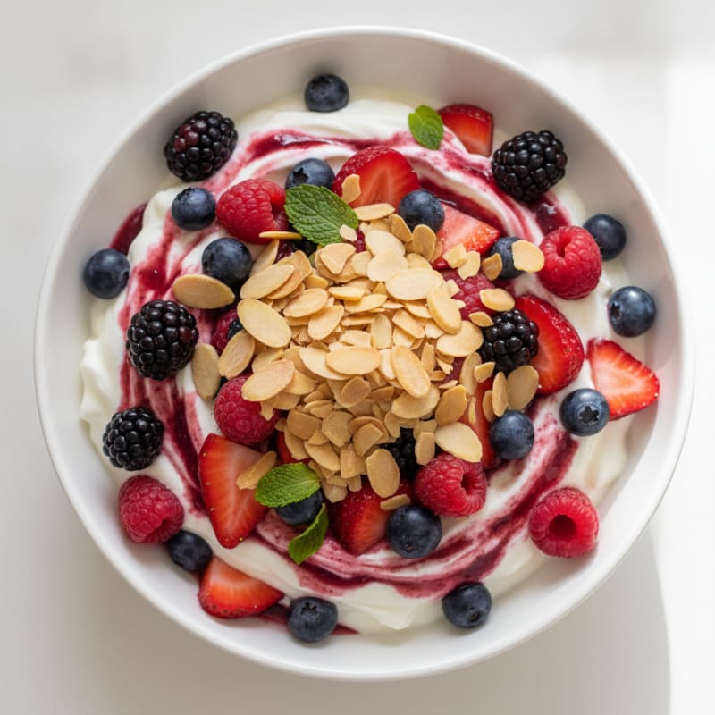 Greek Yogurt Protein Parfait with Mixed Berries and Almonds