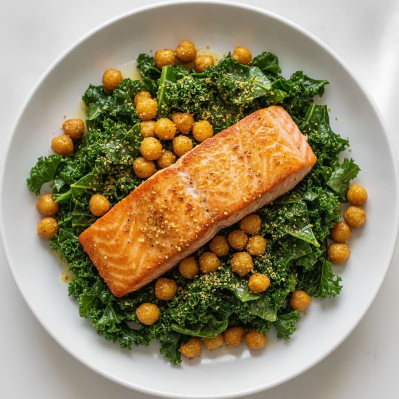 Seared Salmon with Crispy Chickpea and Kale Salad