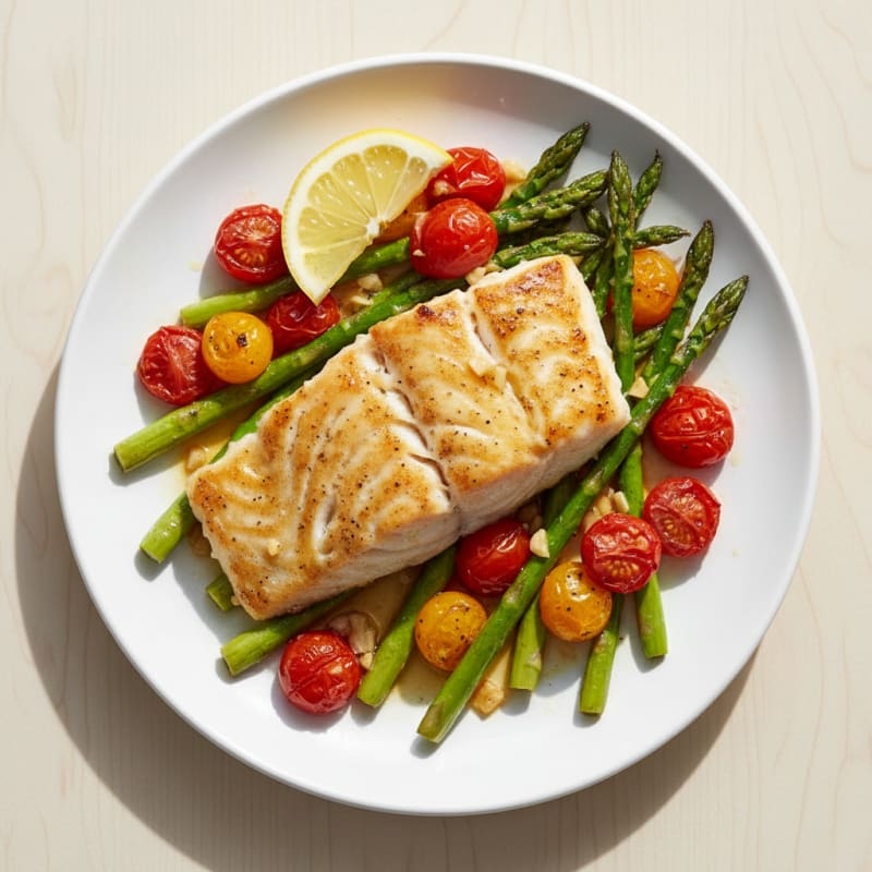 Seared Cod with Roasted Asparagus and Cherry Tomatoes