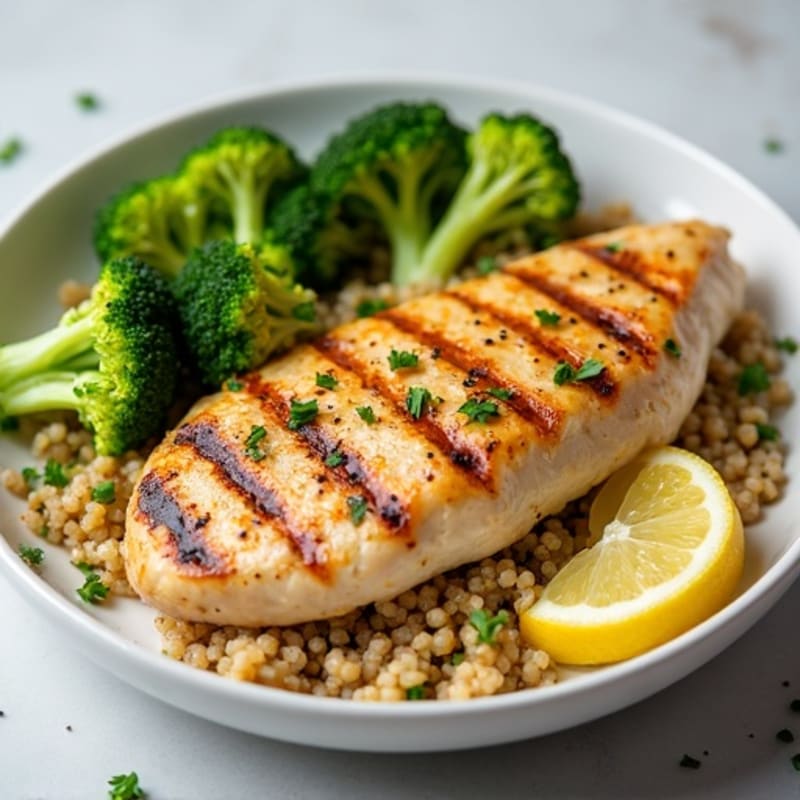 Grilled Lemon Chicken Breast with Quinoa and Roasted Broccoli