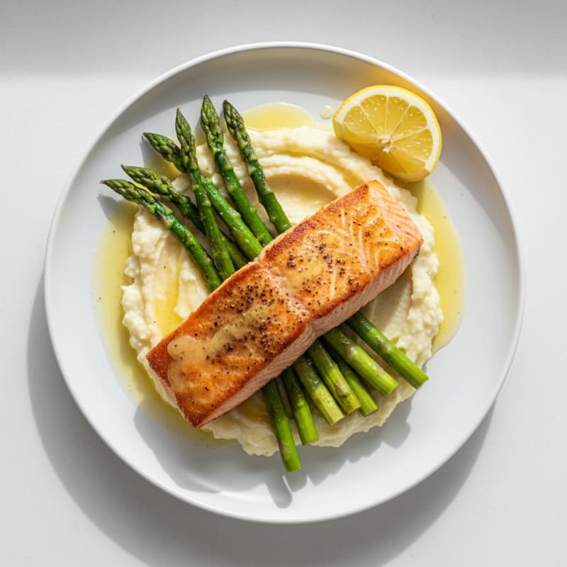 Seared Salmon Filet with Roasted Asparagus and Cauliflower Mash