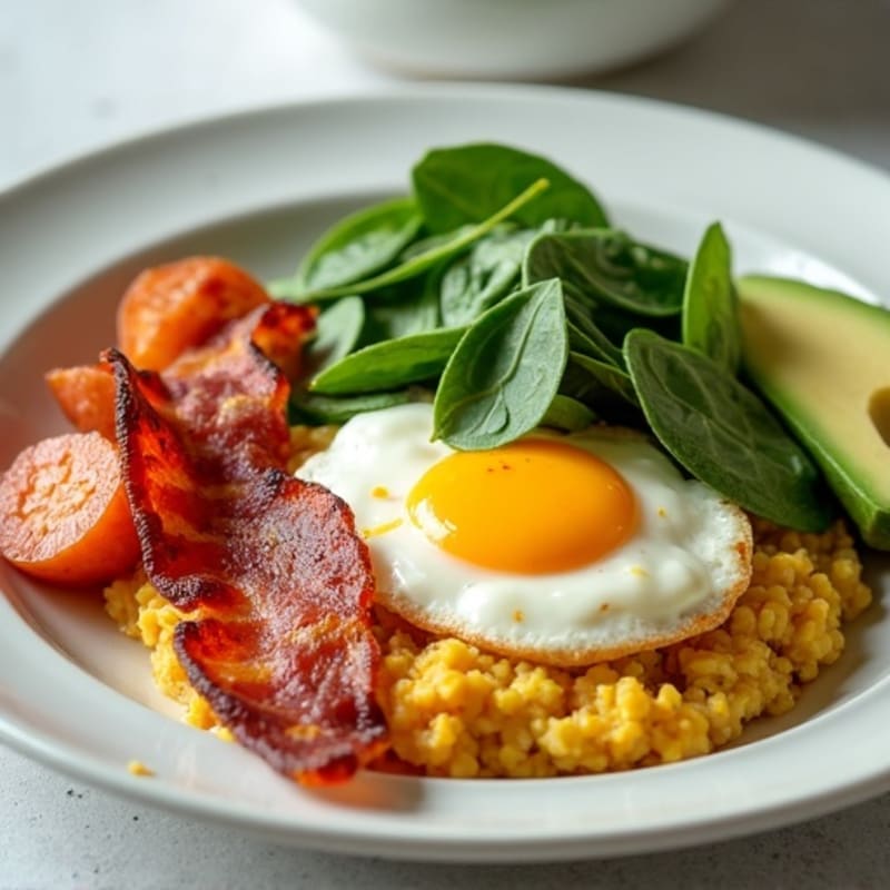 Crispy Turkey Bacon and Egg White Scramble with Roasted Sweet Potatoes