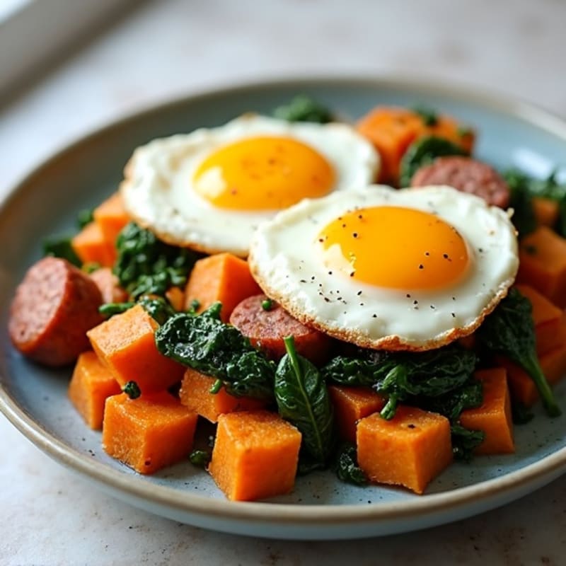 Sweet Potato Hash with Crispy Eggs and Sautéed Greens
