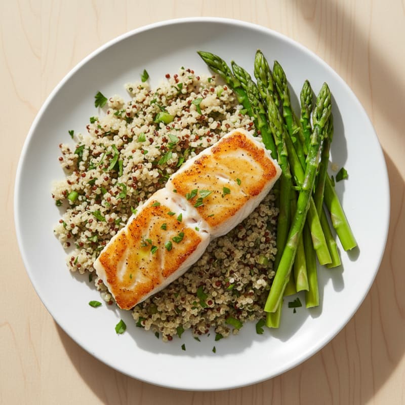 Seared Cod Fillet with Steamed Asparagus and Herb Quinoa