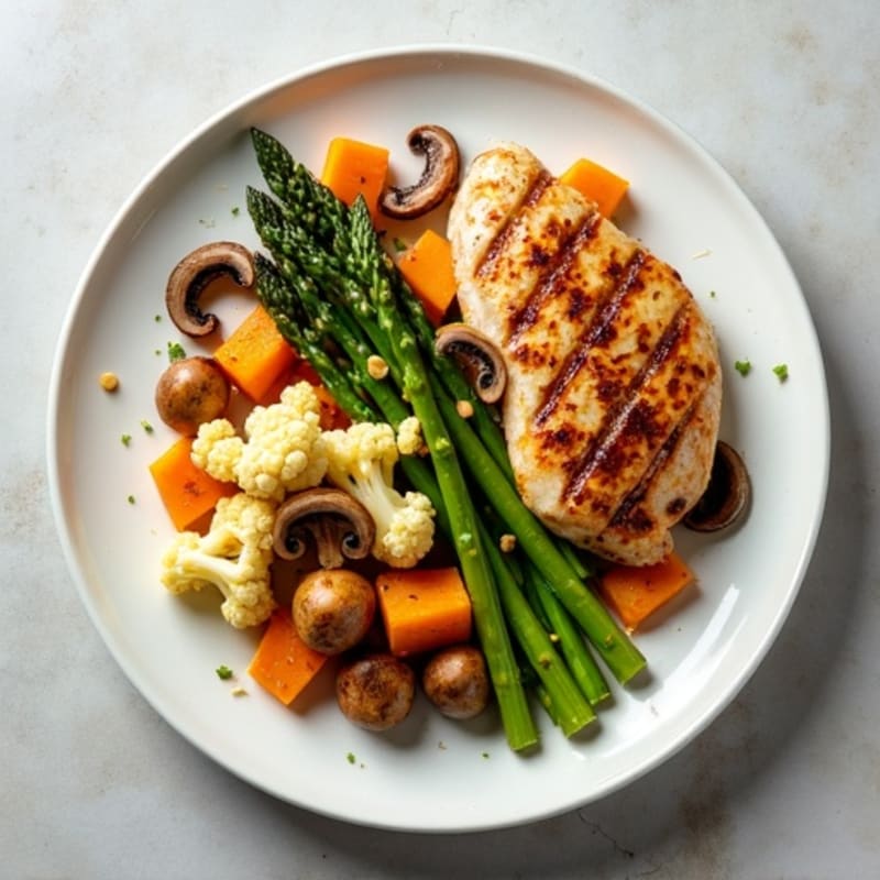 Roasted Cauliflower and Sweet Potato with Garlic Asparagus and Sautéed Mushrooms (with Grilled Chicken)