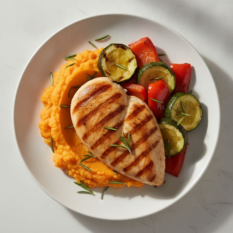 Grilled Chicken Breast with Roasted Vegetables and Sweet Potato Mash