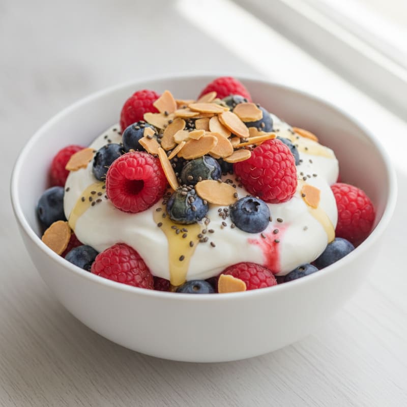 Greek Yogurt Protein Parfait with Mixed Berries and Almonds