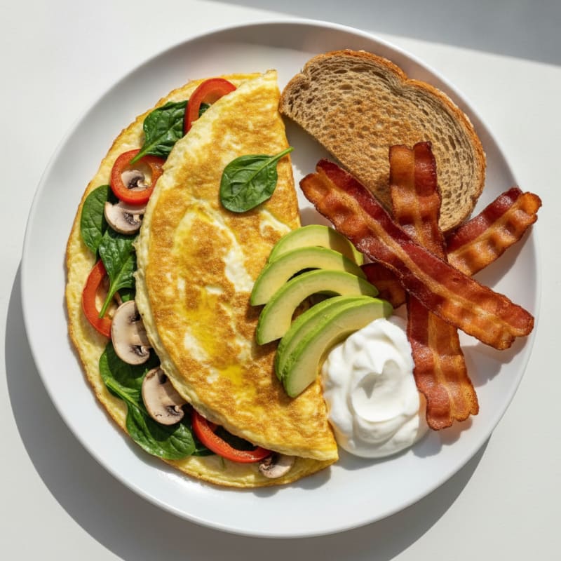 Egg White Vegetable Omelette with Greek Yogurt and Turkey Bacon