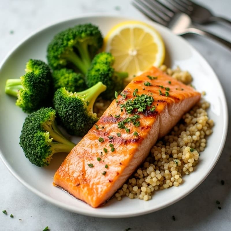 Seared Salmon with Steamed Broccoli and Quinoa