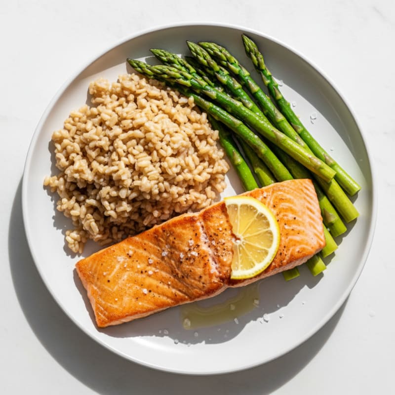 Seared Salmon Fillet with Steamed Asparagus and Brown Rice