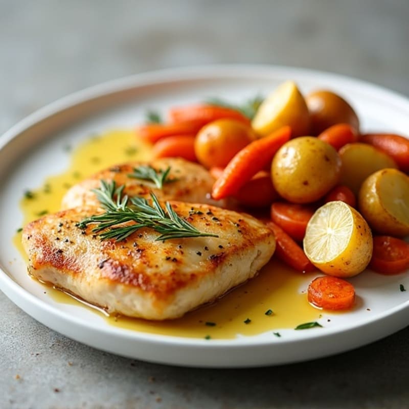 Lemon Garlic Pan-Seared Chicken with Roasted Carrots and Crispy Potatoes