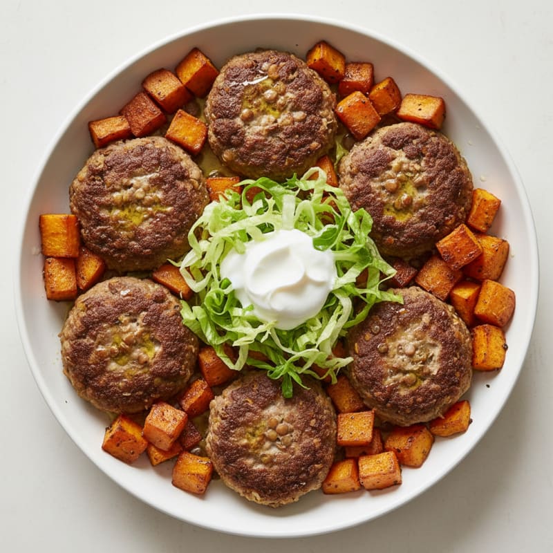 Lean Beef and Lentil Cake Skillet with Roasted Sweet Potato