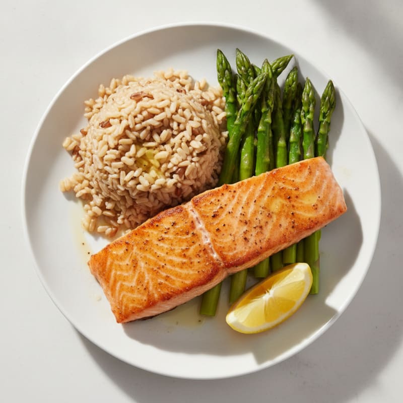 Seared Salmon with Steamed Asparagus and Brown Rice