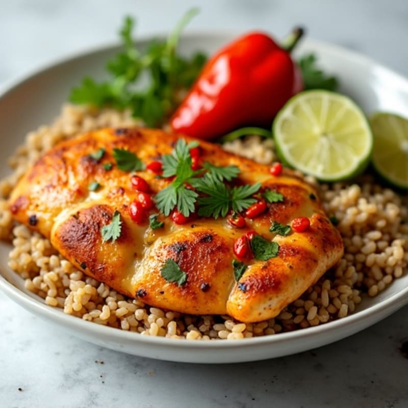 Chili Lime Chicken with Cilantro Brown Rice and Roasted Bell Peppers
