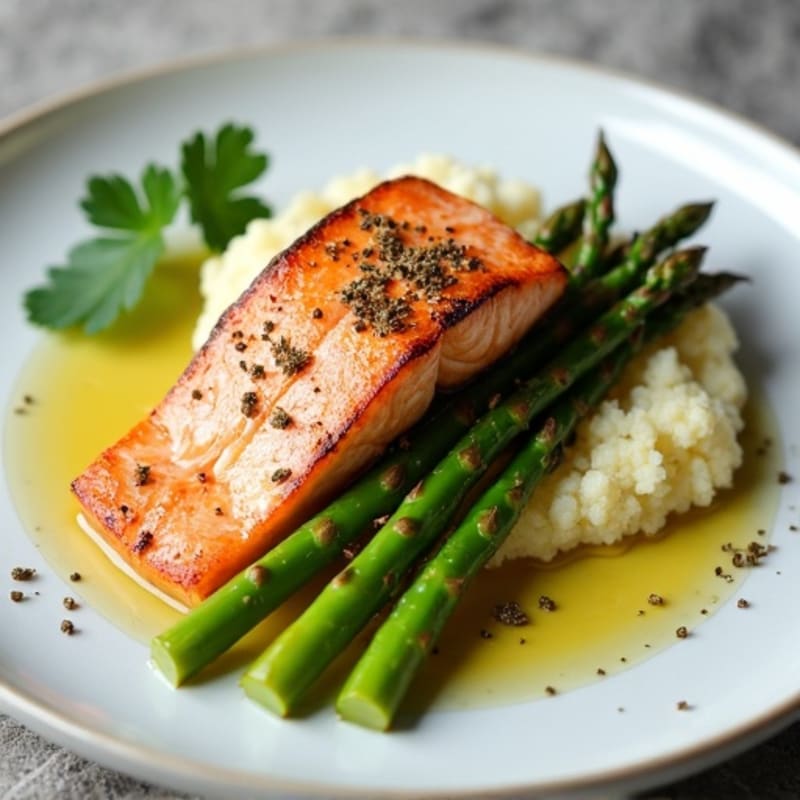 Seared Salmon with Roasted Asparagus and Cauliflower Mash