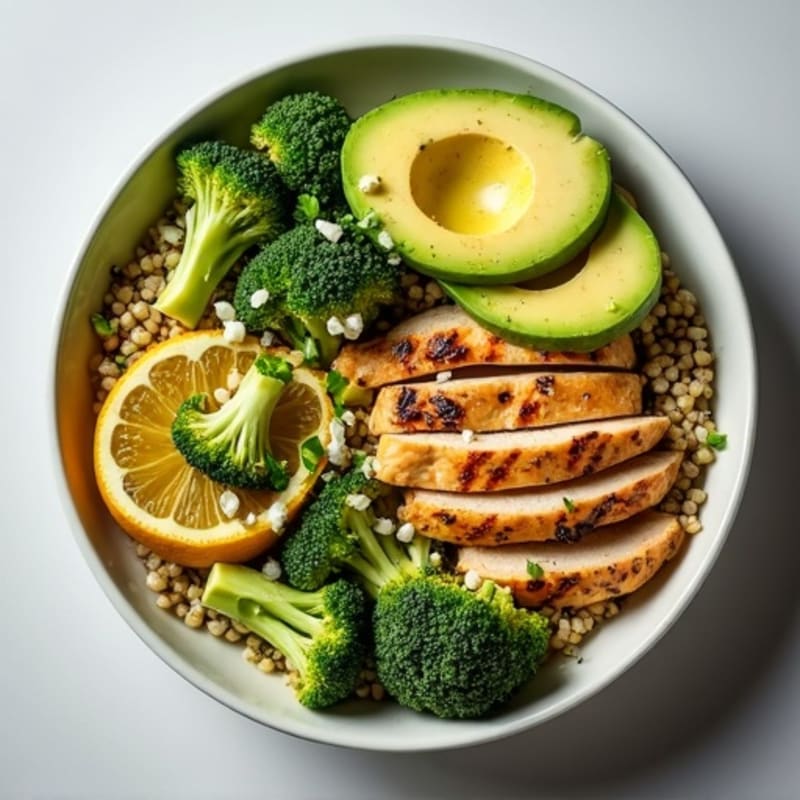 Grilled Chicken and Quinoa Bowl with Roasted Broccoli and Lemon Tahini Drizzle