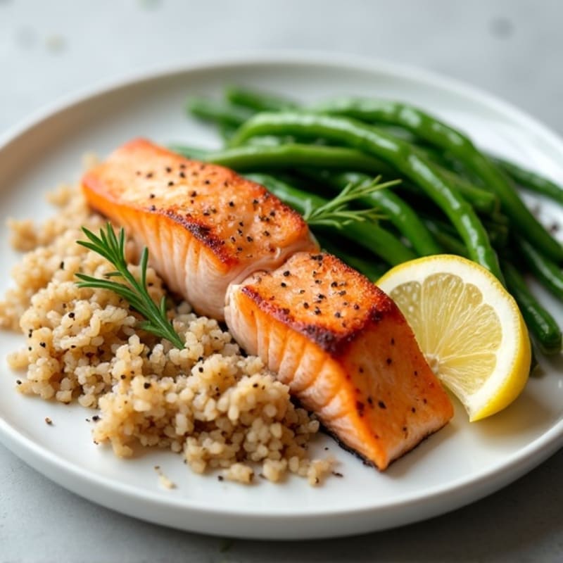 Seared Salmon with Steamed Green Beans and Brown Rice