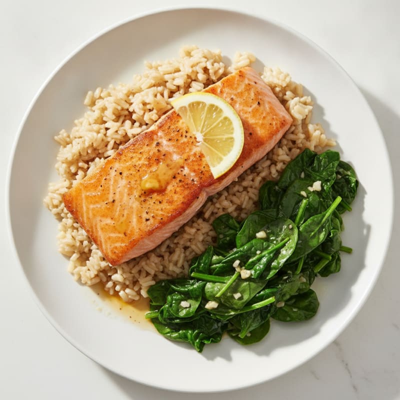 Seared Salmon with Garlic Sautéed Spinach and Brown Rice