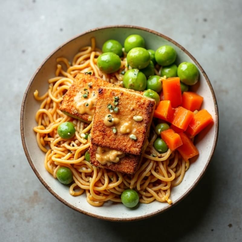 Crispy Tofu with Creamy Thai Peanut Noodles and Fresh Vegetables