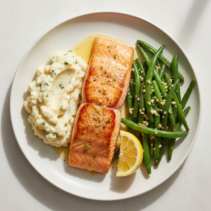 Seared Salmon with Garlic Green Beans and Mashed Cauliflower