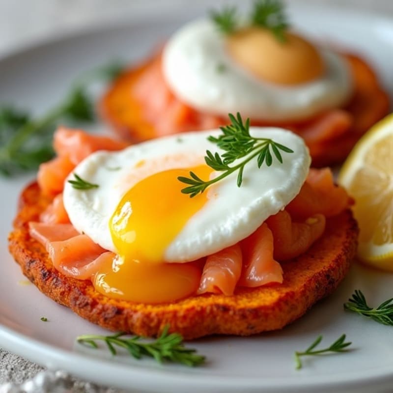 Crispy Sweet Potato Rounds with Poached Eggs, Smoked Salmon, and Light Lemon-Dill Sauce