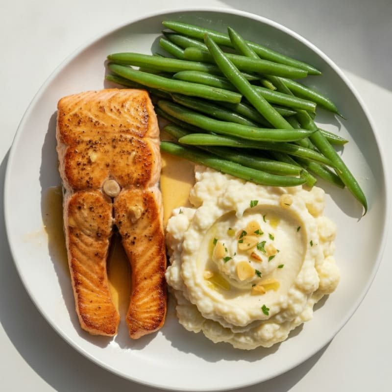 Seared Salmon with Steamed Green Beans and Garlic Mashed Cauliflower