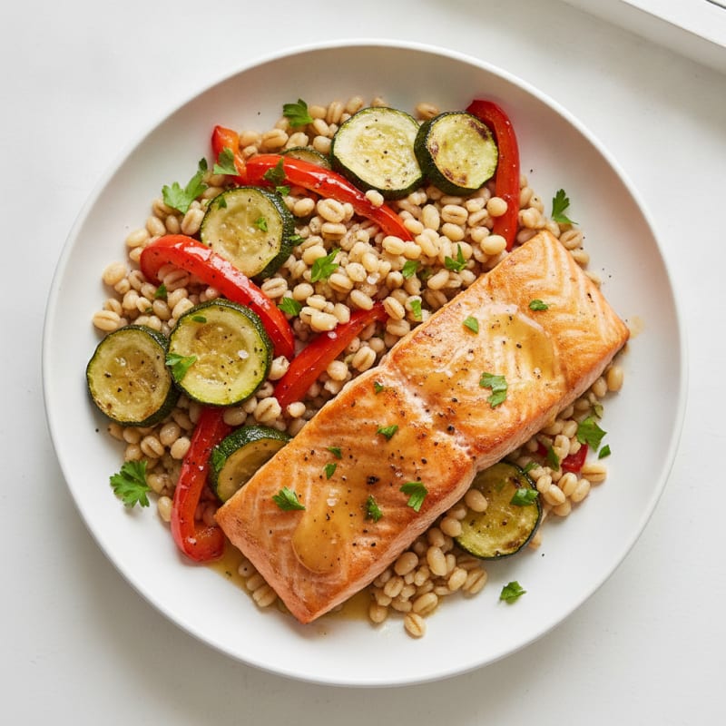 Pan-Seared Salmon with Roasted Vegetables and Barley