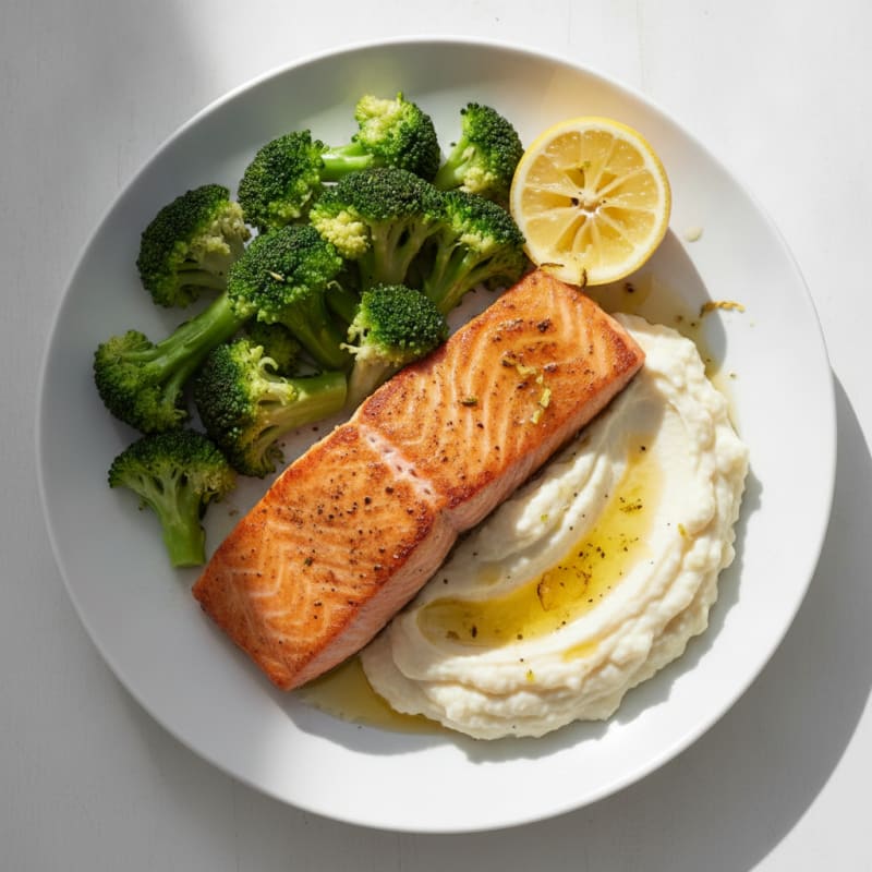 Seared Salmon with Steamed Broccoli and Garlic Cauliflower Mash