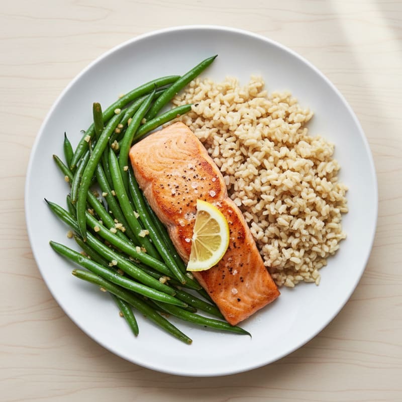 Seared Salmon with Garlic Green Beans and Brown Rice