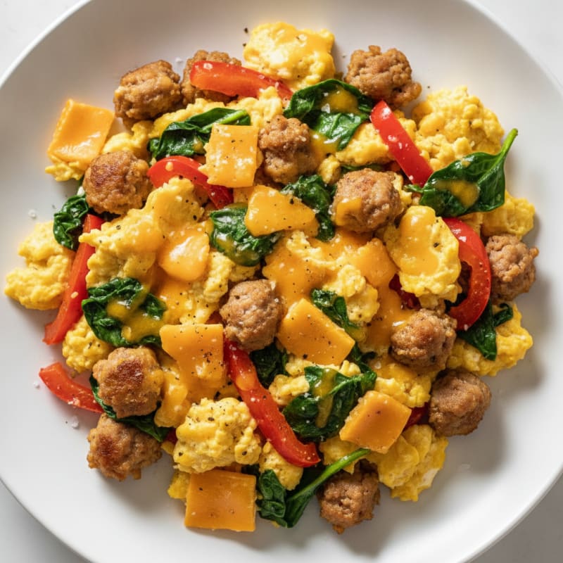 Cheesy Egg and Turkey Sausage Scramble