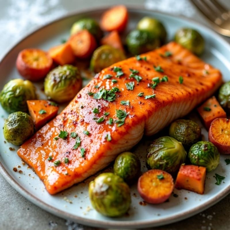 Sheet Pan Maple-Glazed Salmon with Roasted Brussels Sprouts and Sweet Potatoes
