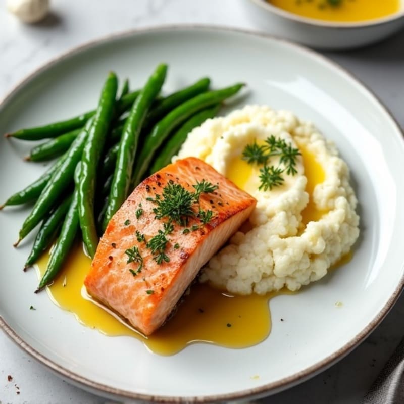 Seared Salmon with Garlic Green Beans and Cauliflower Mash