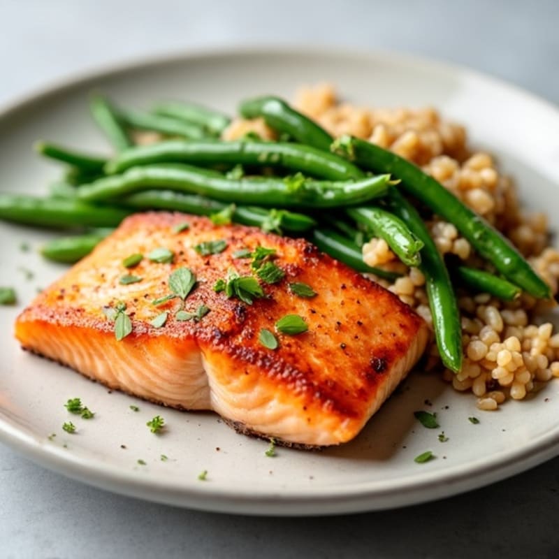 Seared Salmon with Steamed Green Beans and Brown Rice