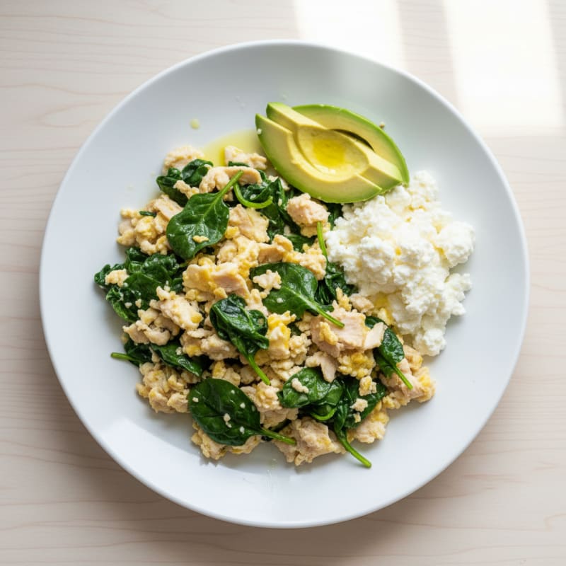 Egg White Spinach Scramble with Cottage Cheese and Sliced Turkey
