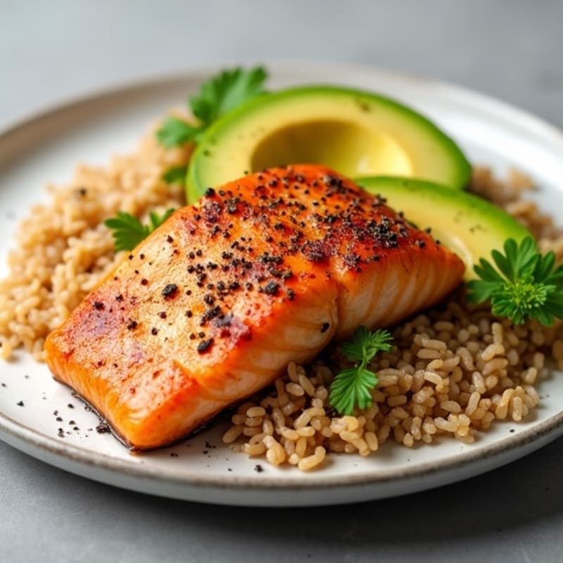 Crispy Pan-Seared Salmon with Brown Rice, Fresh Avocado, and Zesty Ginger-Sesame Dressing