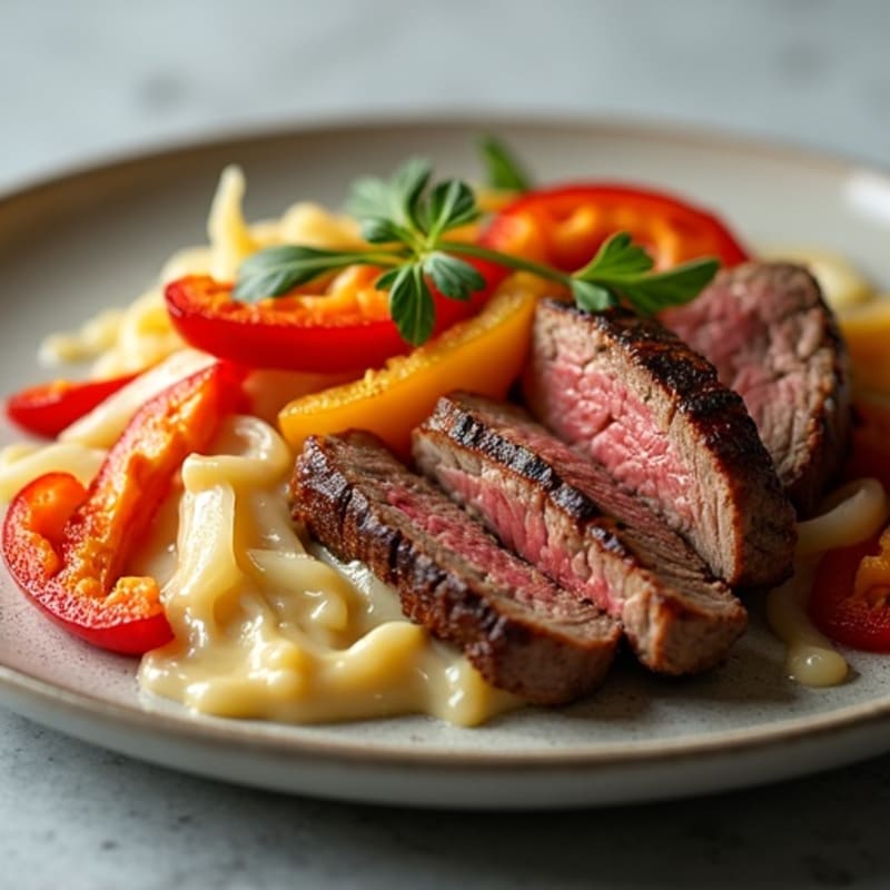 Lean Steak Skillet with Sautéed Peppers, Onions, and Creamy Provolone Sauce