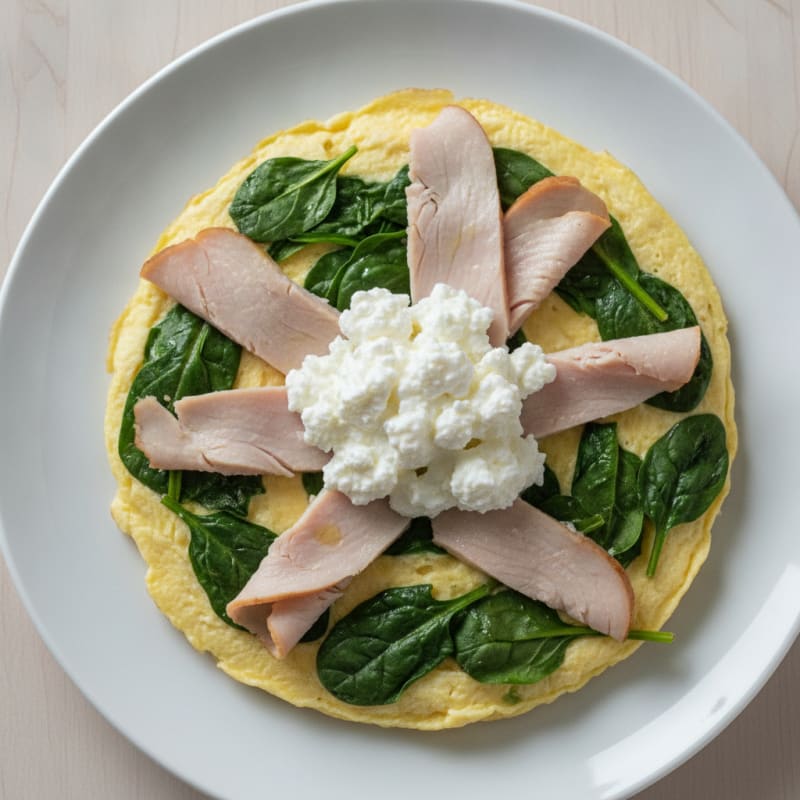 Egg White Spinach Omelette with Cottage Cheese and Sliced Turkey