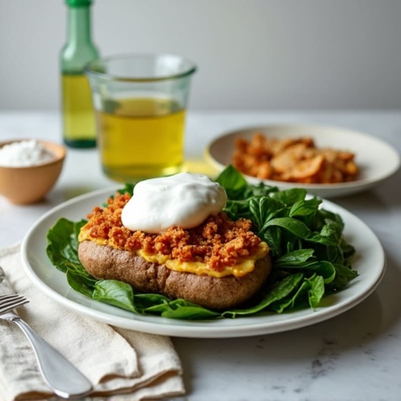 Crispy Baked Potato with Lean Ground Turkey, Sautéed Spinach, and Creamy Greek Yogurt