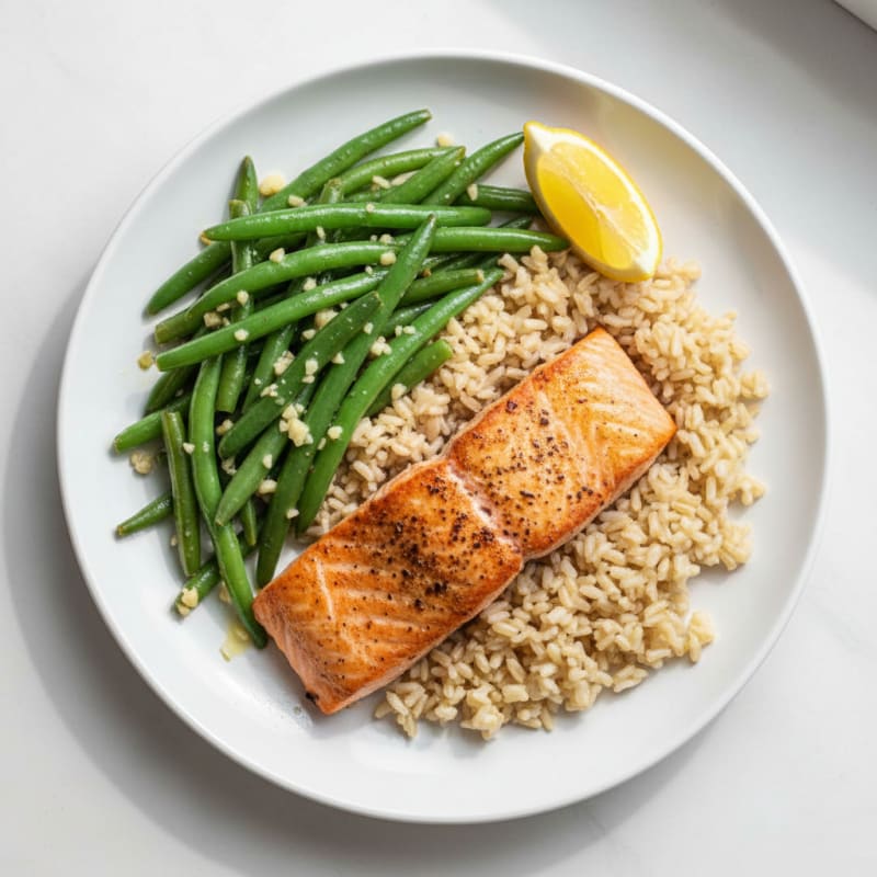 Seared Salmon with Garlic Green Beans and Brown Rice
