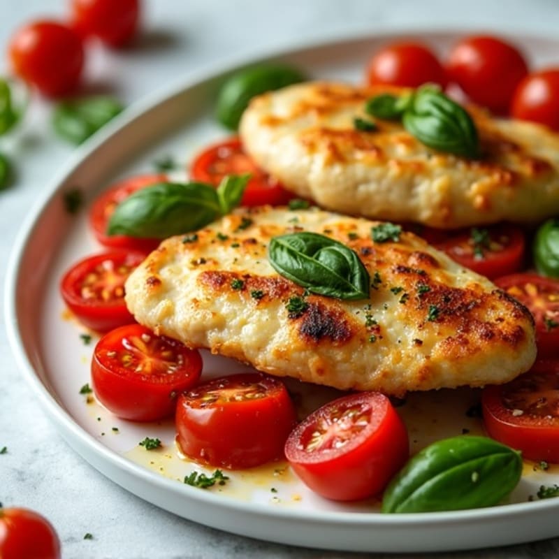 Crispy Pan-Seared Chicken with Burst Cherry Tomatoes, Fresh Mozzarella, and Basil