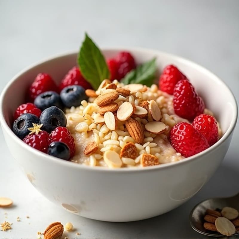 Creamy Vanilla Protein Rice Bowl with Mixed Berries and Toasted Almonds