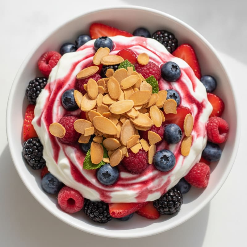 Greek Yogurt Protein Parfait with Mixed Berries and Almonds