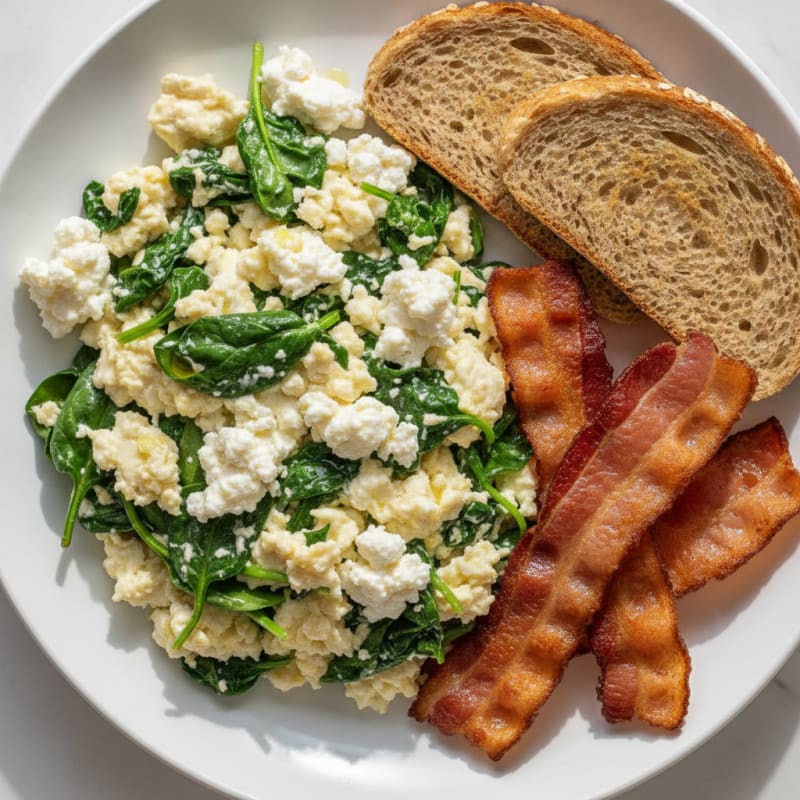 Egg White Spinach Scramble with Cottage Cheese and Turkey Bacon