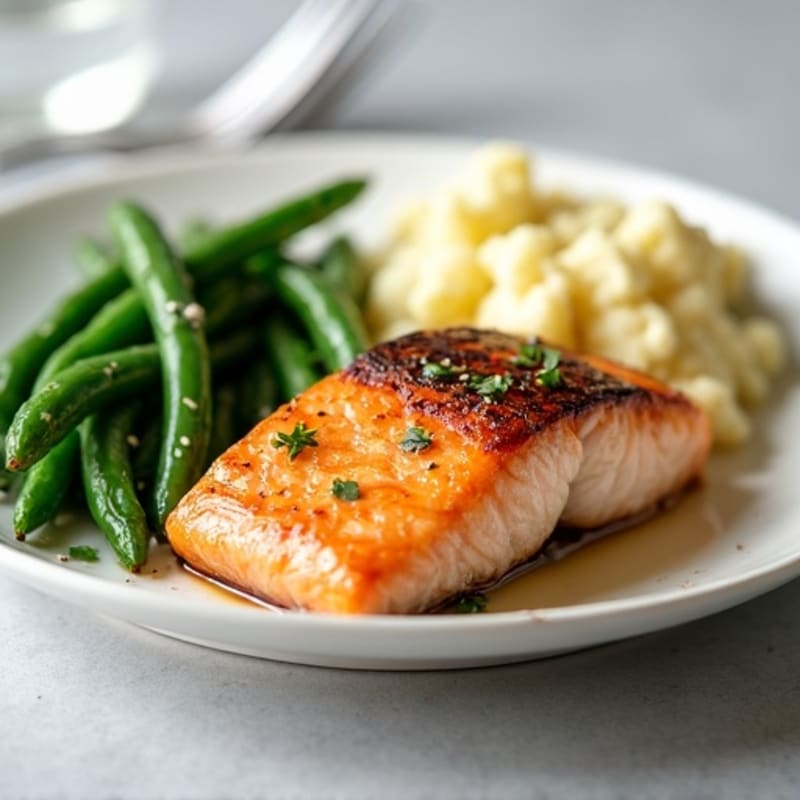 Seared Salmon Filet with Steamed Green Beans and Garlic Mashed Cauliflower