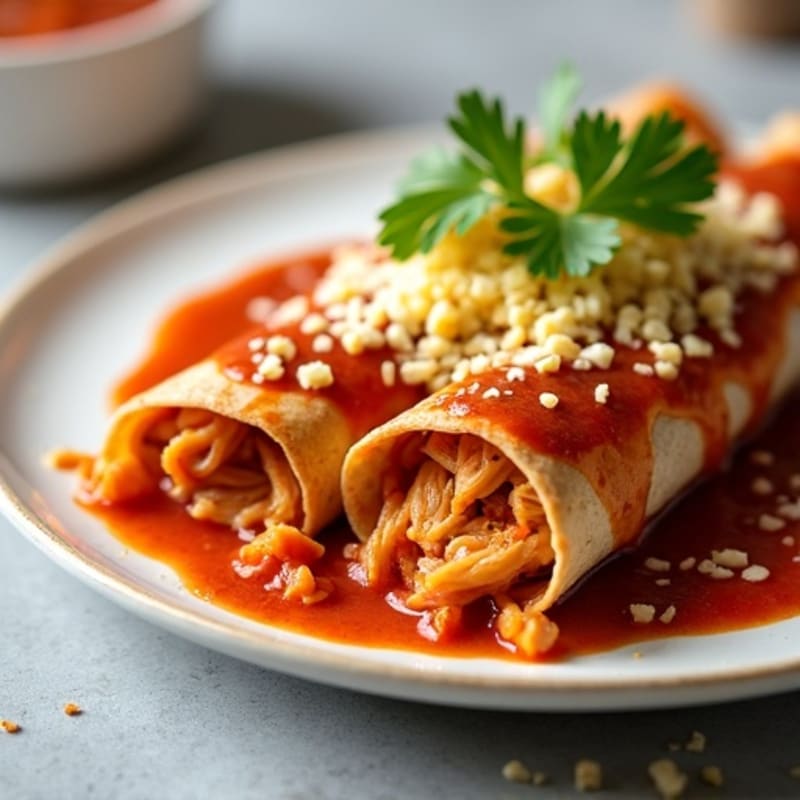 Healthy Shredded Chicken Enchiladas with Smoky Red Sauce