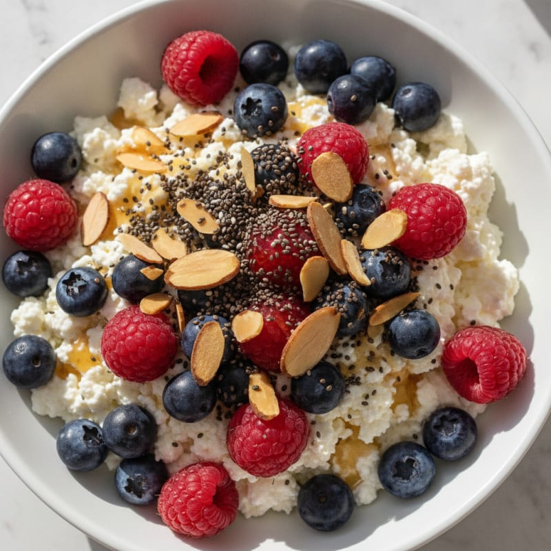 Cottage Cheese Berry Bowl with Chia and Almonds