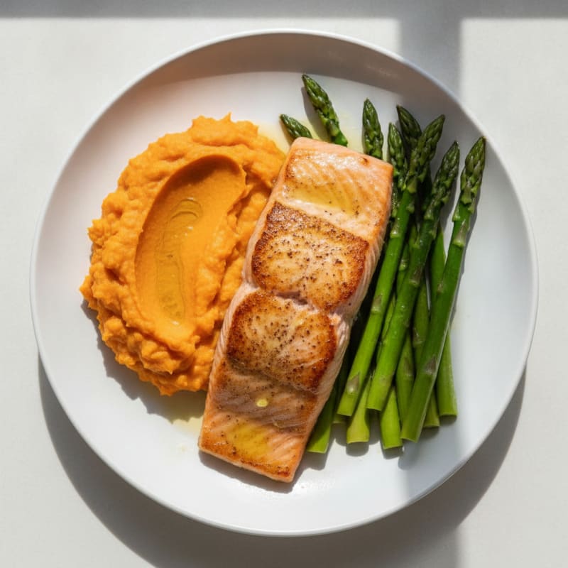 Seared Salmon Fillet with Steamed Asparagus and Sweet Potato Mash