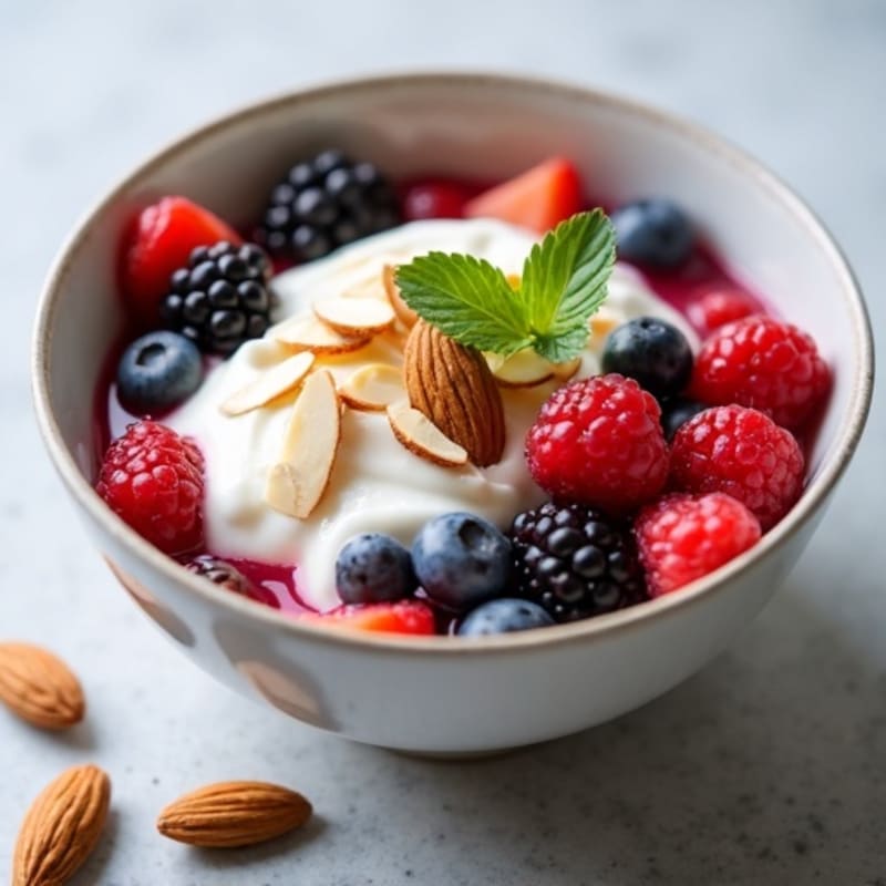 Fresh Greek Yogurt with Mixed Berries and Crunchy Almonds